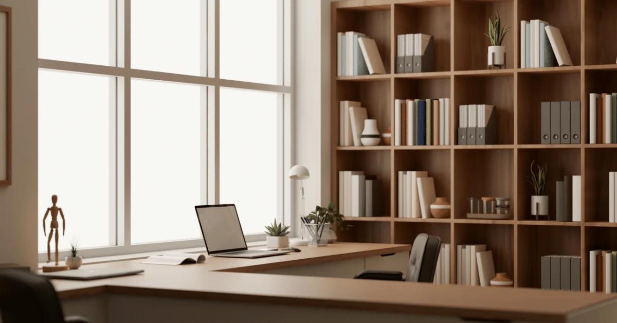 Phòng đọc tối giản loại bỏ chi tiết rườm rà, gam màu trắng, xám và gỗ sáng