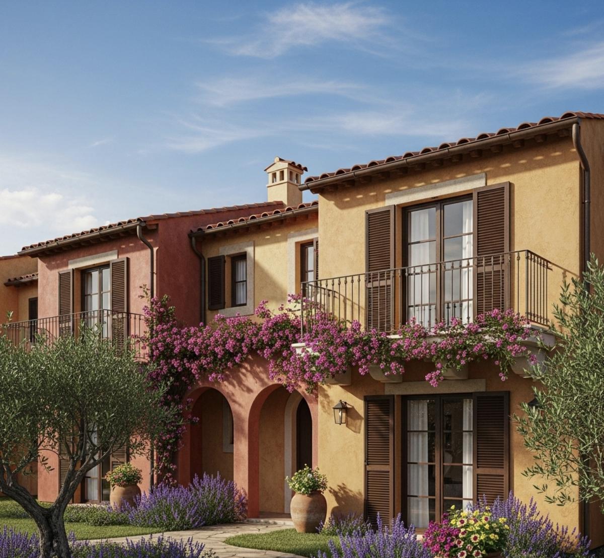 Mái đỏ, tường trắng, cửa vòm gần gũi thiên nhiên. 