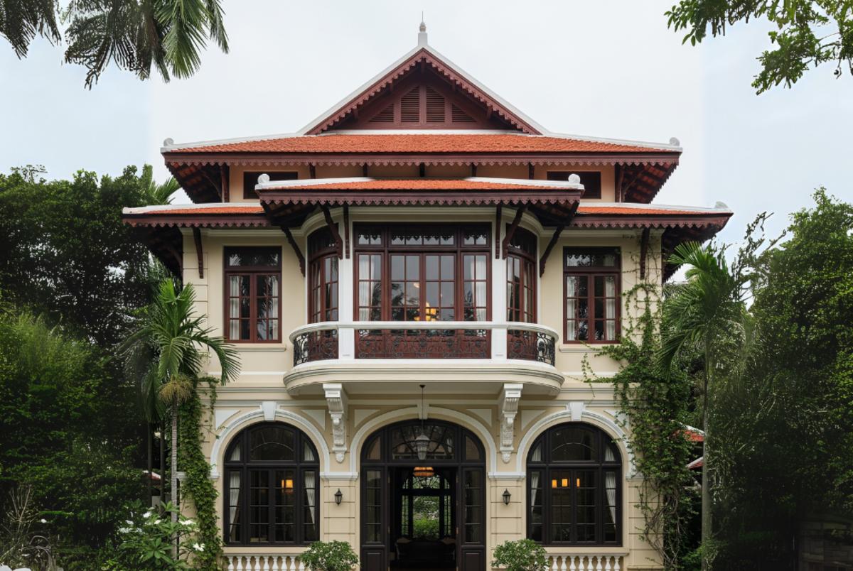 Mặt tiền ấn tượng với mái và cửa sổ cân đối.
