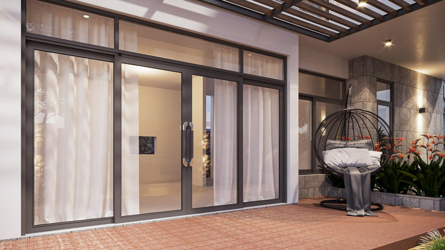 Mẫu cửa nhôm lùa 4 cánh có vách cố định nằm ở phía trên