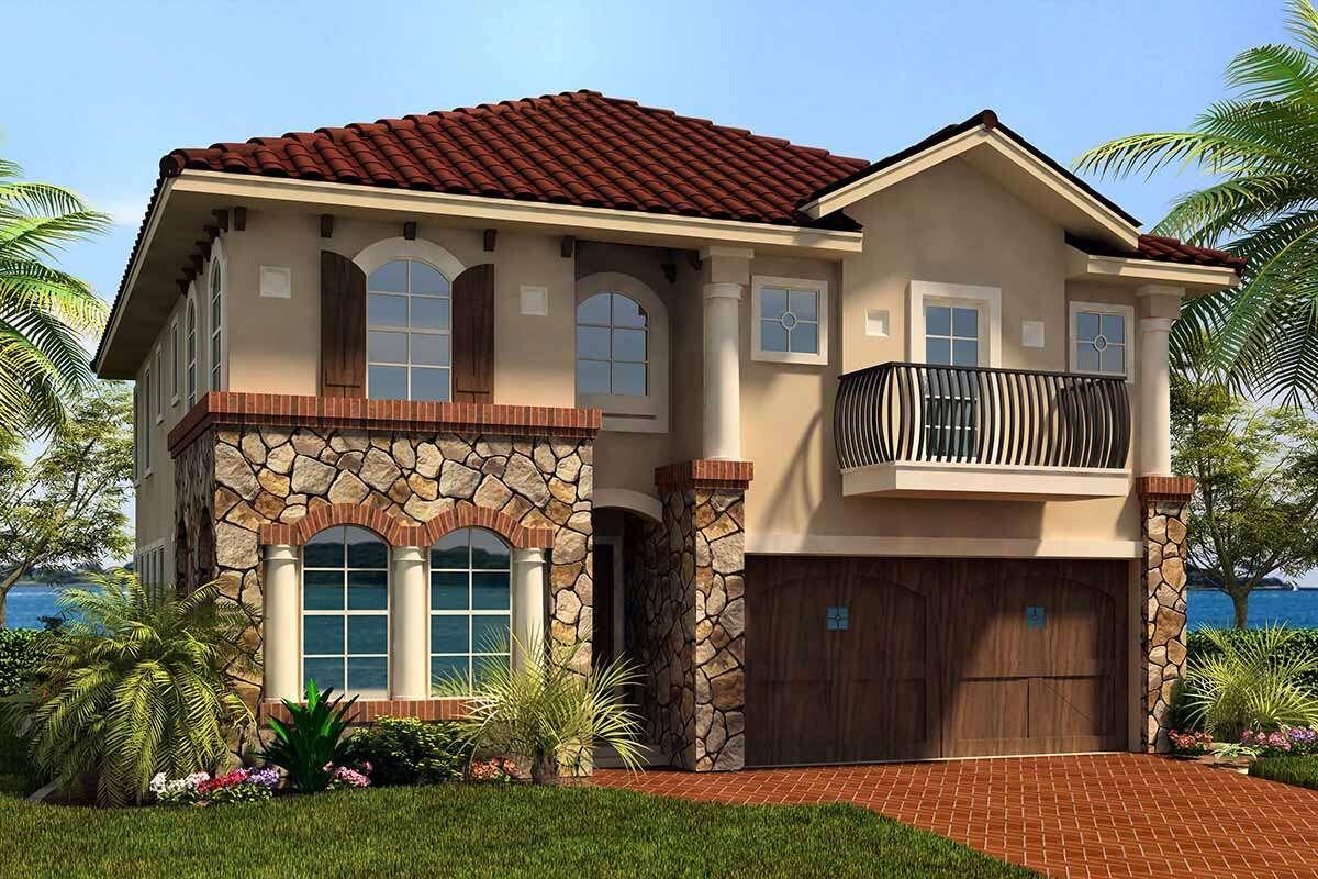 Mẫu nhà 2 tầng có gara ô tô phong cách Địa Trung Hải