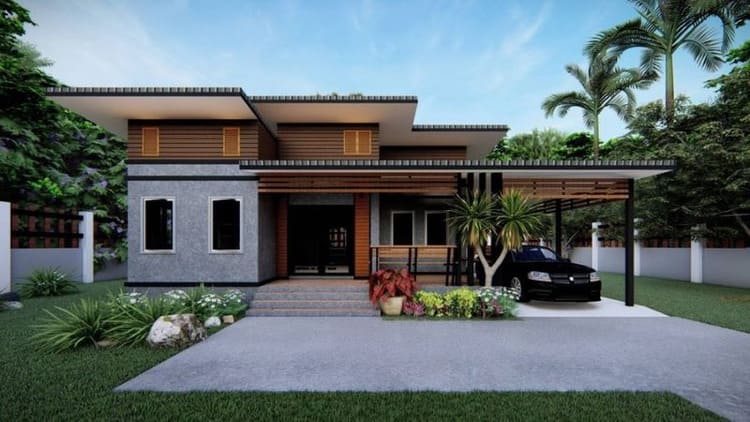 Nhà 2 tầng đẹp ở nông thôn chữ L có gara ô tô