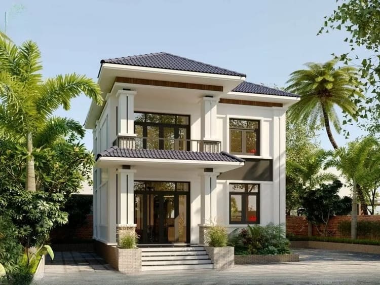 Mẫu nhà 2 tầng ở nông thôn sử dụng cửa nhôm kính, tạo không gian mở thoáng đãng và gần gũi với thiên nhiên