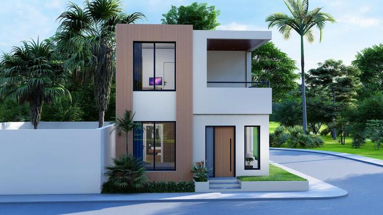 Mẫu nhà 2 tầng nông thôn 500 triệu sử dụng mảng ốp gỗ sọc dọc màu nâu và cửa nhôm hiện đại tăng thẩm mỹ