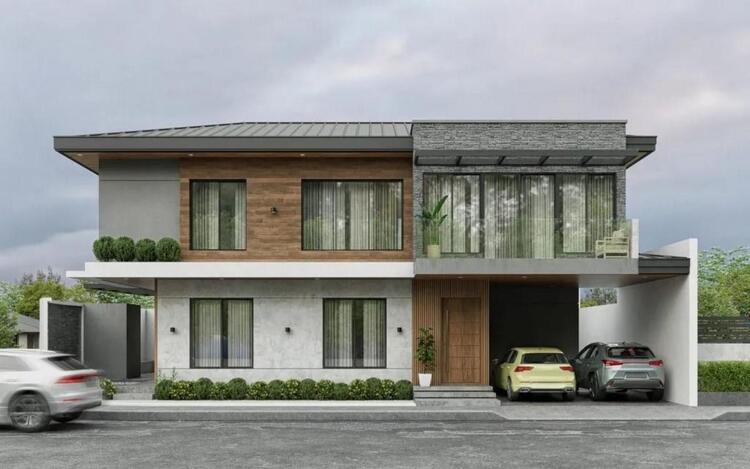 Mẫu nhà 2 tầng nông thôn 700 triệu khối hộp vuông vức phối cửa nhôm kính hiện đại, bền đẹp