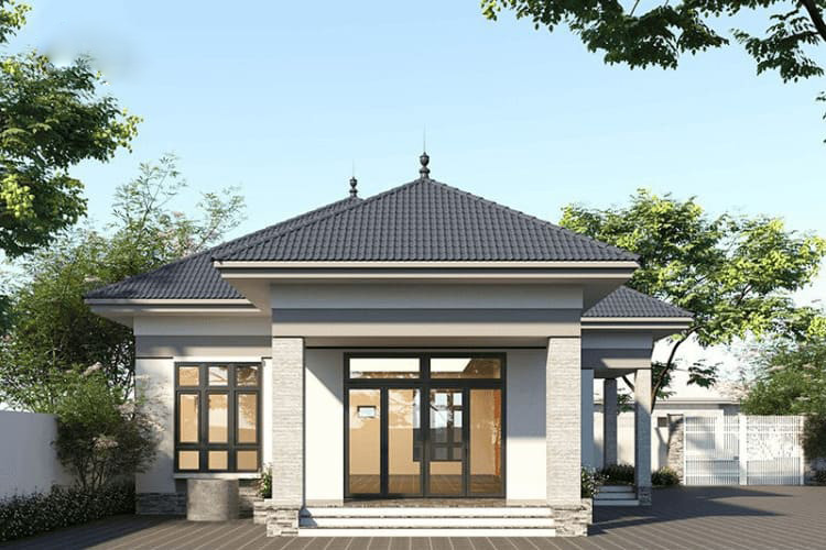 Mẫu nhà cấp 4 mái Nhật kết hợp cửa chính nhôm kính cao cấp, tinh tế