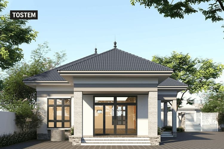 Mẫu nhà cấp 4 mái Nhật kết hợp cửa chính nhôm kính cao cấp, tinh tế