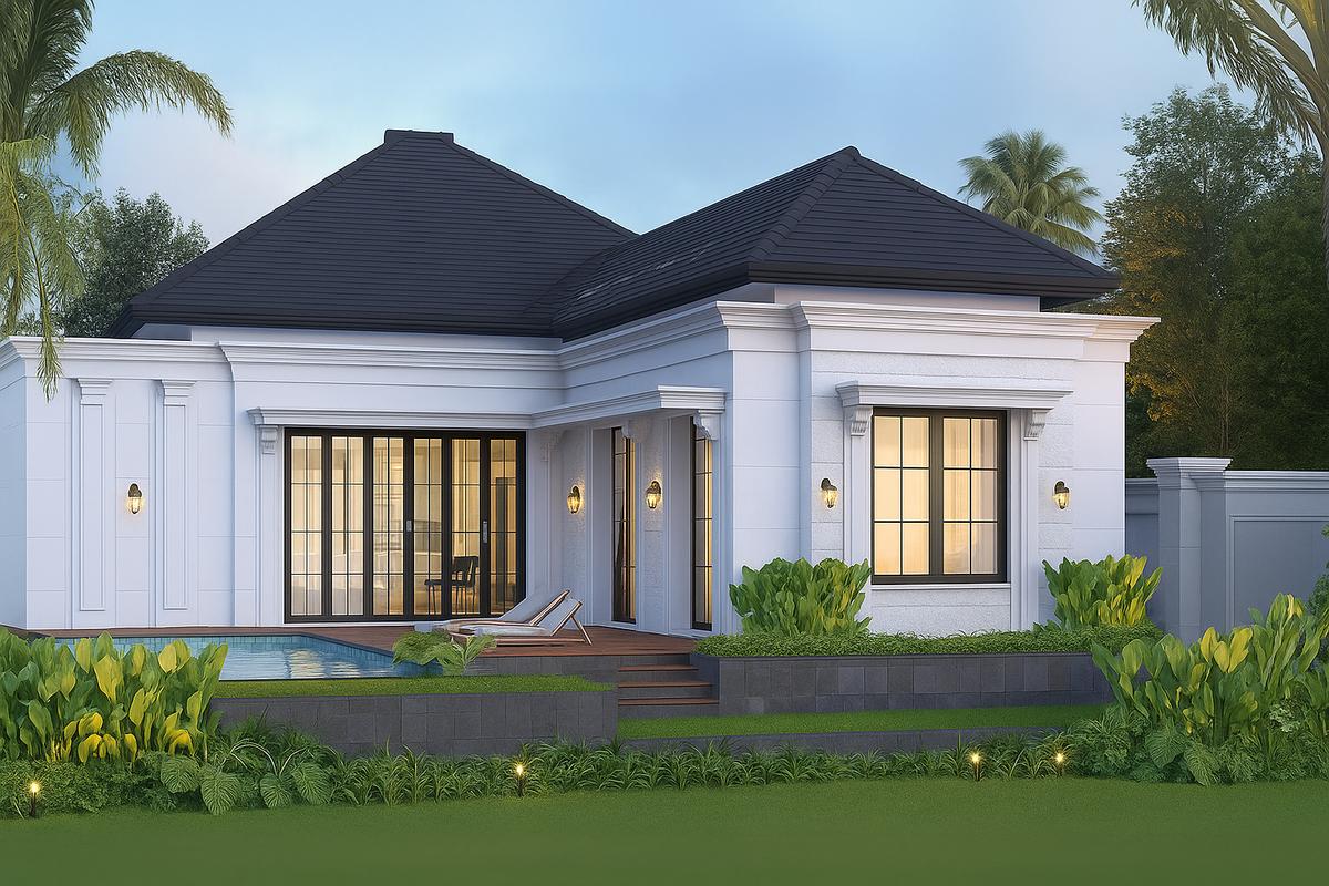 Mẫu nhà mái Nhật 1 tầng chữ L sang trọng với không gian hồ bơi