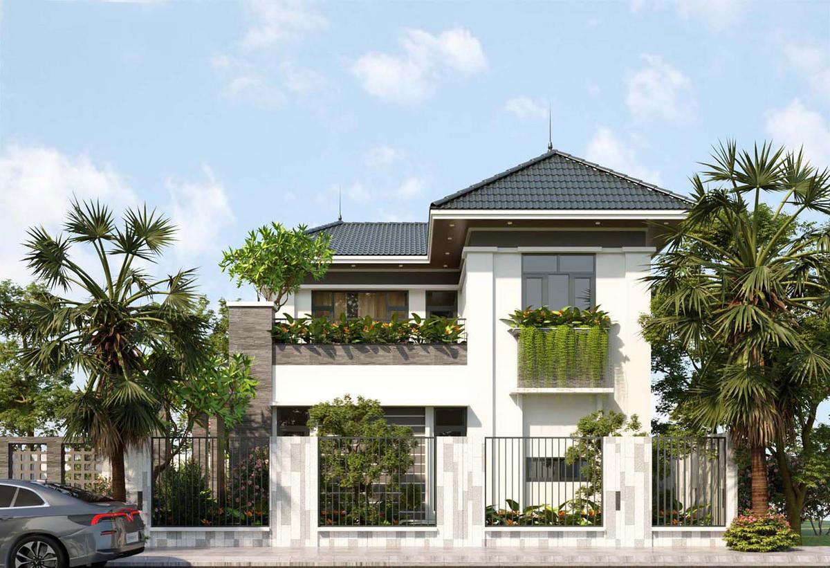 Mẫu nhà phố mái Nhật đẹp hiện đại màu xanh 2 tầng