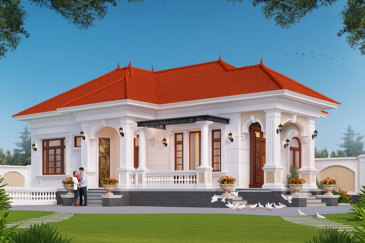 Nhà mái Nhật 1 tầng chữ L màu trắng kem trang nhã