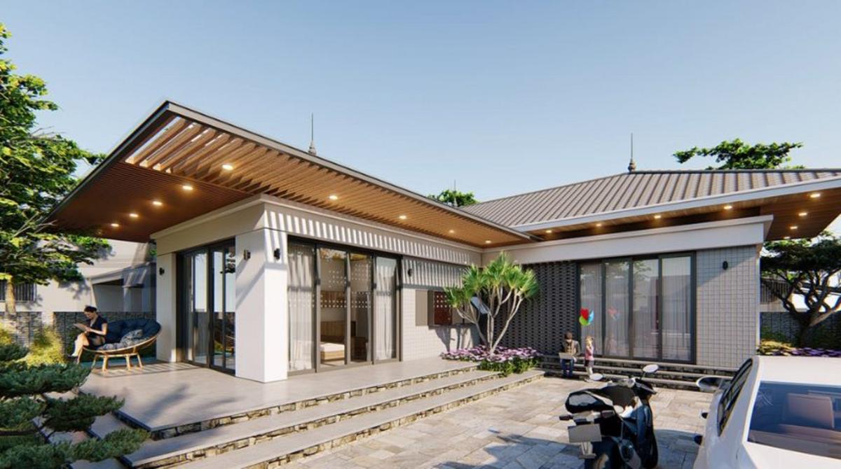 Nhà mái Nhật 1 tầng chữ L được cách điệu tinh tế