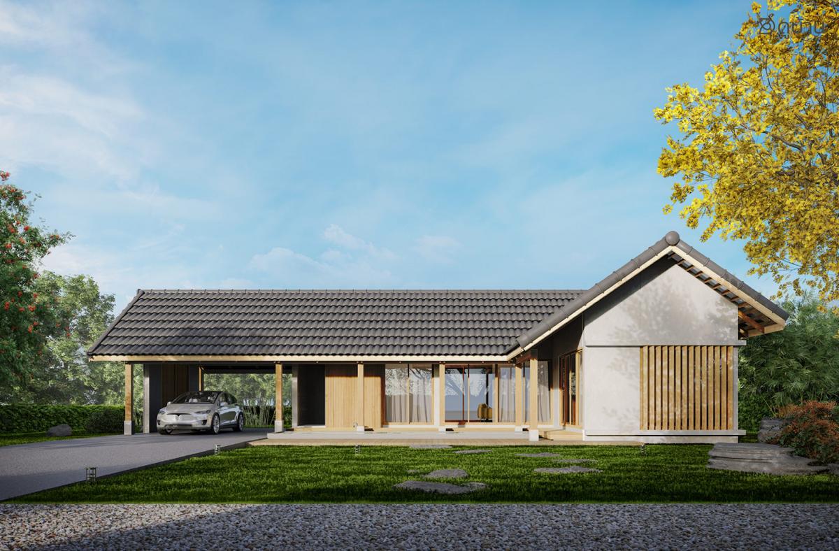 Nhà mái Nhật chữ L 1 tầng, sân rộng phía trước kết hợp mái ngói dốc nhẹ