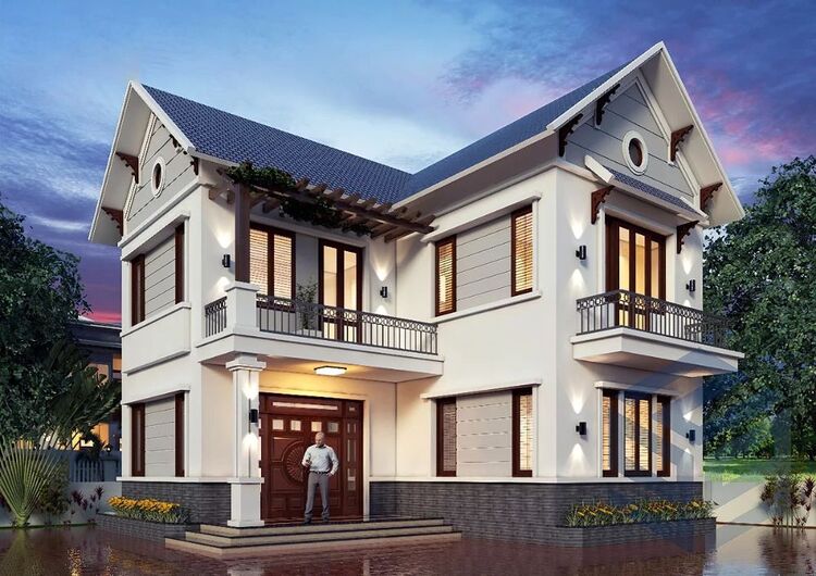 Mẫu nhà chữ L 2 tầng kiểu mái Thái đẹp