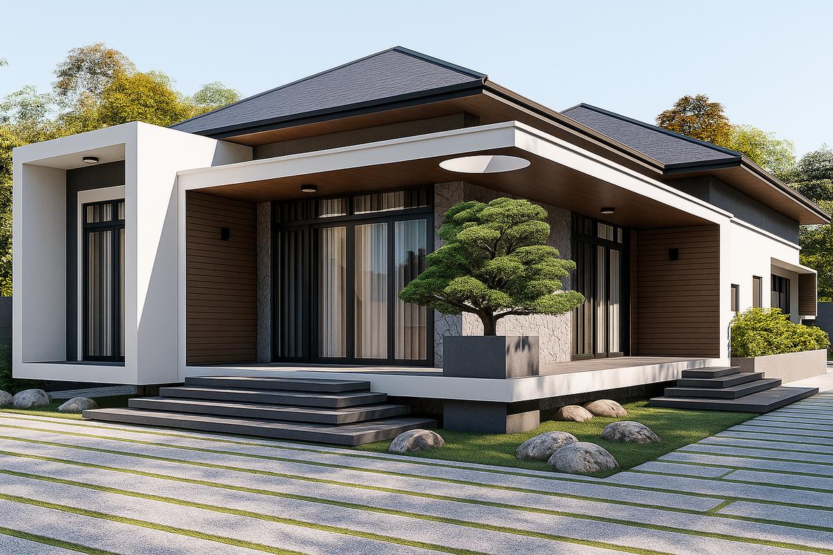 Nhà mái Nhật 1 tầng chữ L có khung cửa kính lớn hiện đại