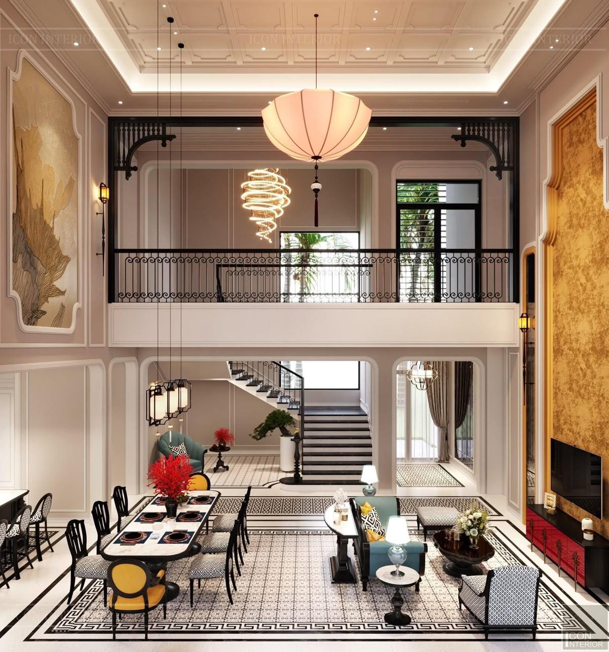 Nội thất gỗ nổi bật trên nền tường vàng.
