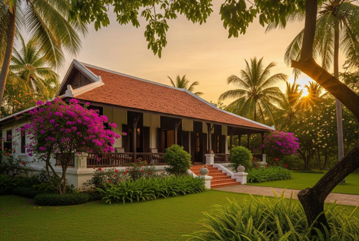 Sân vườn xanh mát bao quanh biệt thự Indochine. 
