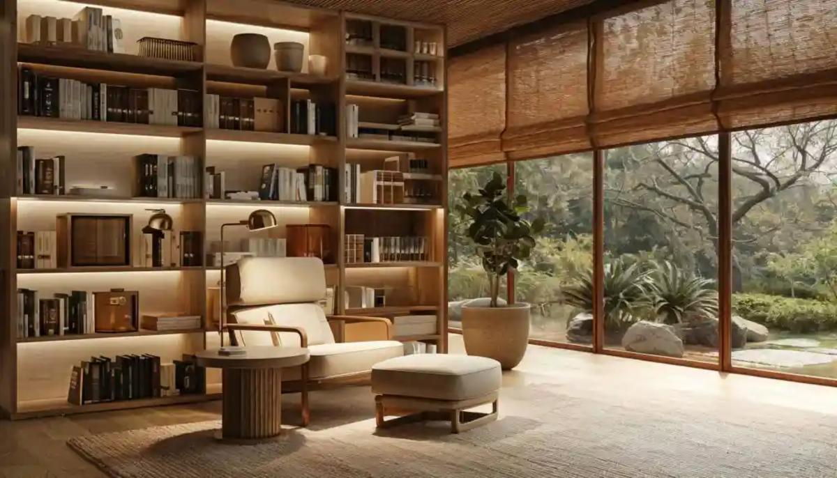 Phòng đọc Japandi sử dụng gỗ tự nhiên, mây đan, vải lanh và gốm sứ