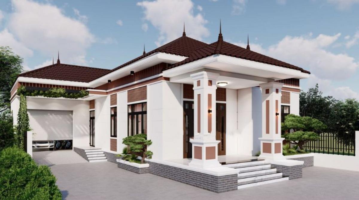 Nhà mái Nhật 1 tầng chữ L có gara ô tô