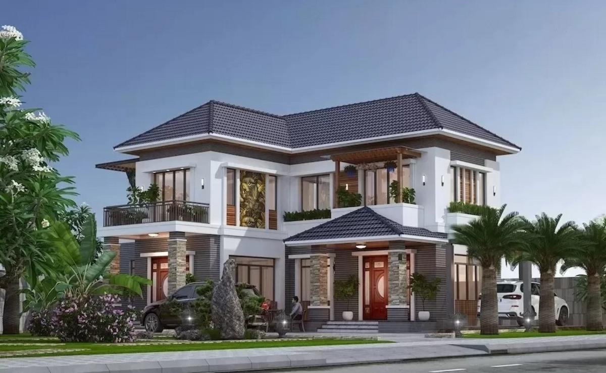 Thiết kế nhà mái Nhật 2 tầng chữ L