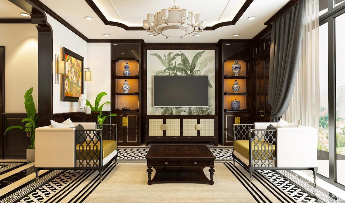 Thiết kế phòng khách biệt thự Indochine đẹp. 