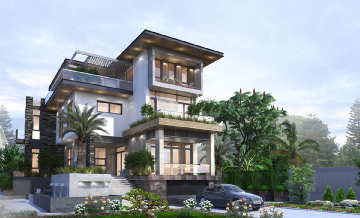 5x20 mẫu nhà có tầng hầm chìm điểm xuyết cây xanh và cửa kính cao cấp