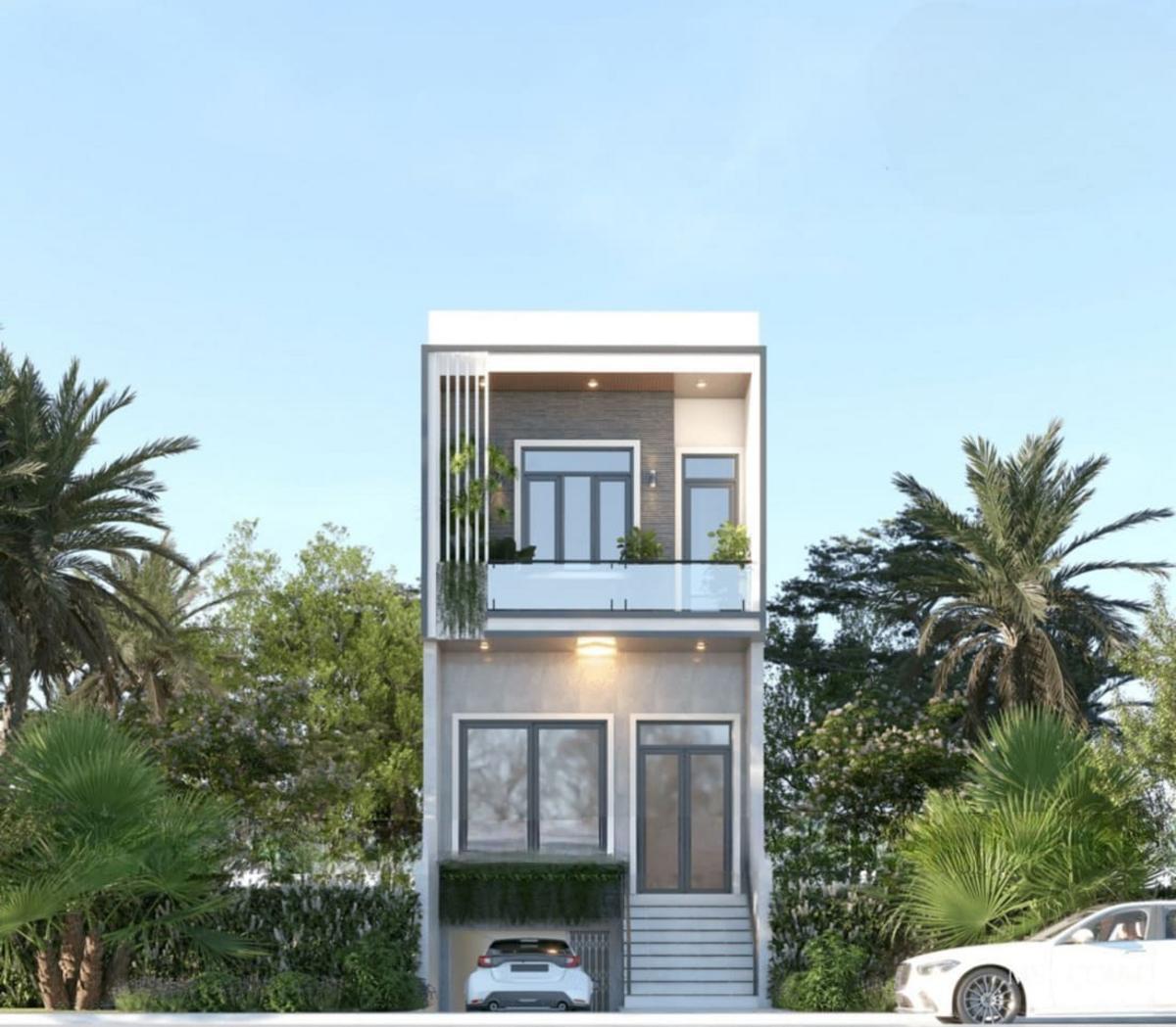 5x20 mẫu nhà có tầng hầm chìm kết hợp kính và tông trung tính tinh tế