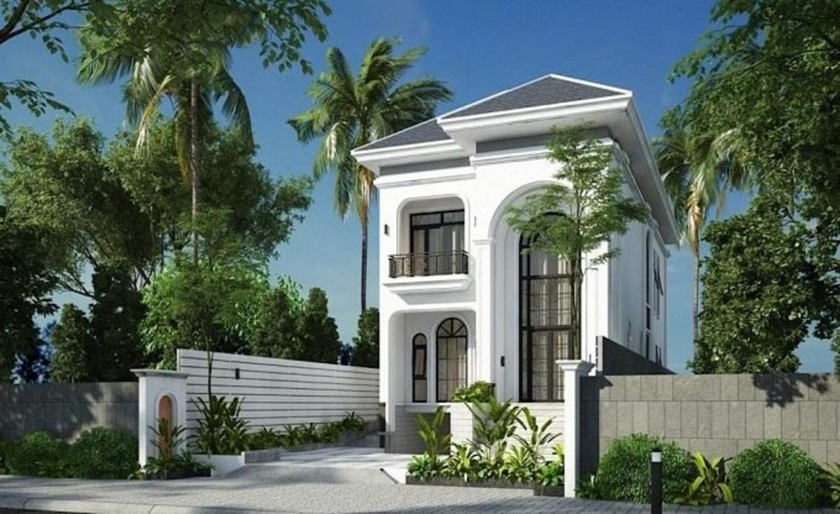 5x20 mẫu nhà có tầng hầm chìm tông trắng be phối xám thanh lịch