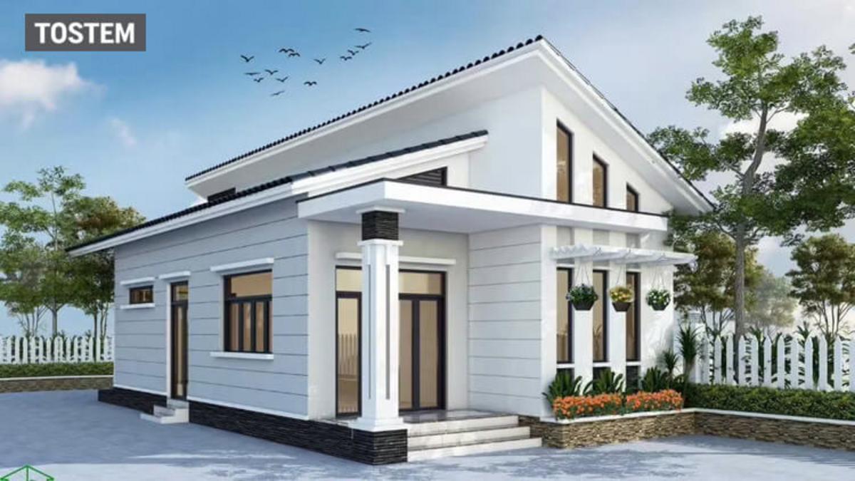 An asymmetrical roof bungalow house
