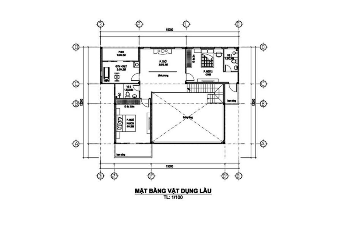 Bản vẽ nhà 2 tầng mái Nhật có gara ô tô tầng lầu