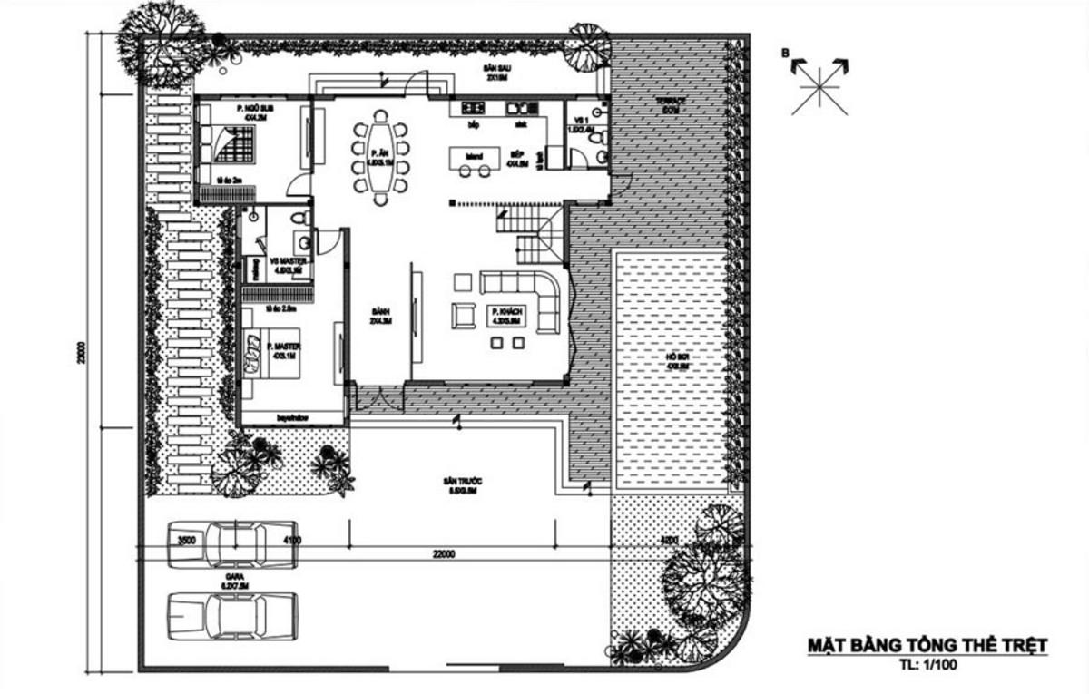 Bản vẽ nhà 2 tầng mái Nhật có gara ô tô tầng trệt