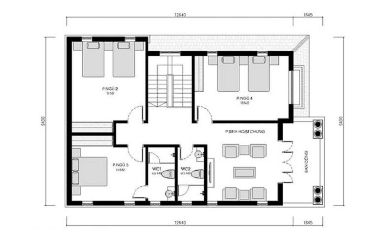 bản vẽ nhà 2 tầng mái nhật phong cách hiện đại tầng lầu