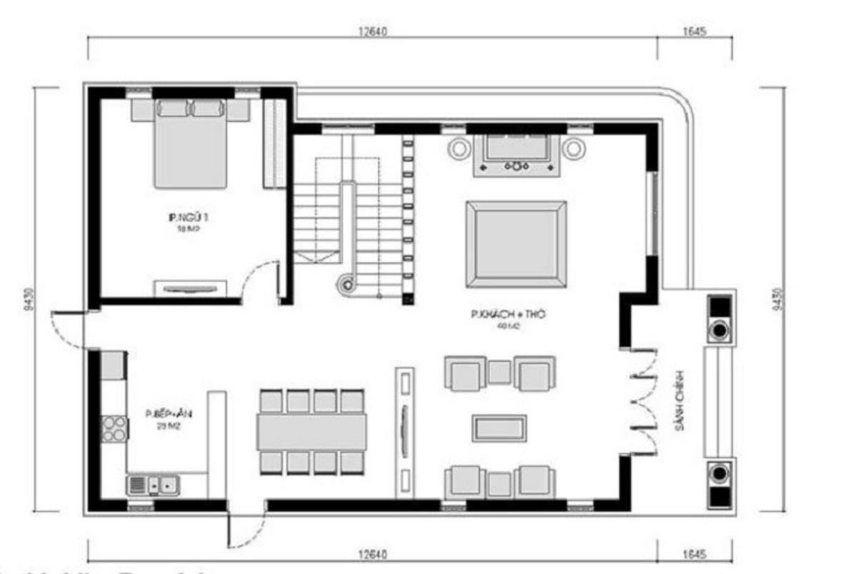 bản vẽ nhà 2 tầng mái nhật phong cách hiện đại tầng trệt