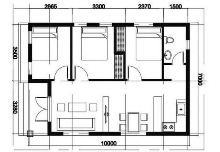 Bản vẽ nhà cấp 4 3 phòng ngủ 100m2 đơn giản, phổ biến