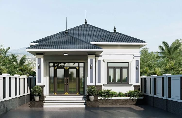 Mẫu nhà cấp 4 3 phòng ngủ 100m2 tông trắng, ghi đơn giản