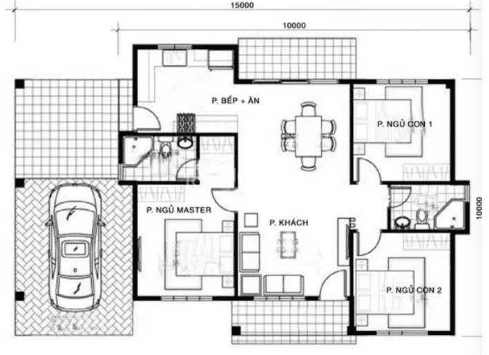 Bản vẽ nhà cấp 4 100m2 có 1 phòng ngủ chính và 2 phòng ngủ phụ