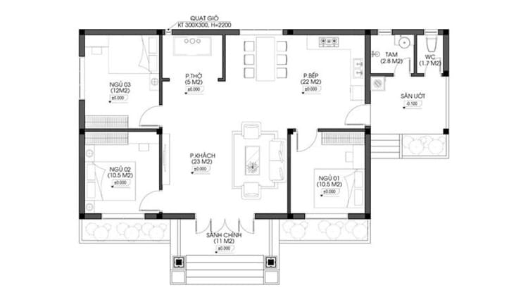 Bản vẽ nhà cấp 4 3 phòng ngủ 100m² không gian mở
