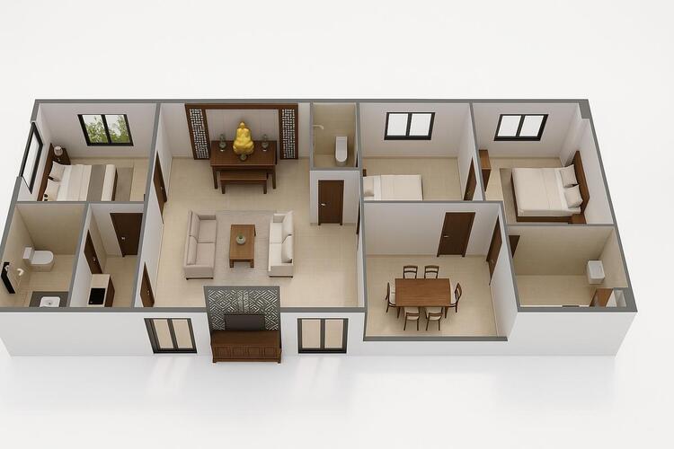 Mẫu bản vẽ nhà cấp 4 3 phòng ngủ 100m2 có 1 phòng thờ
