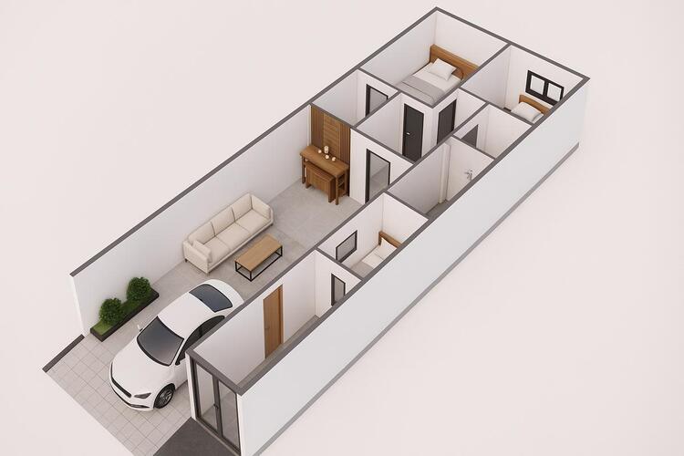 Mẫu bản vẽ 3D nhà cấp 4 3 phòng ngủ kiểu nhà ống đẹp sang