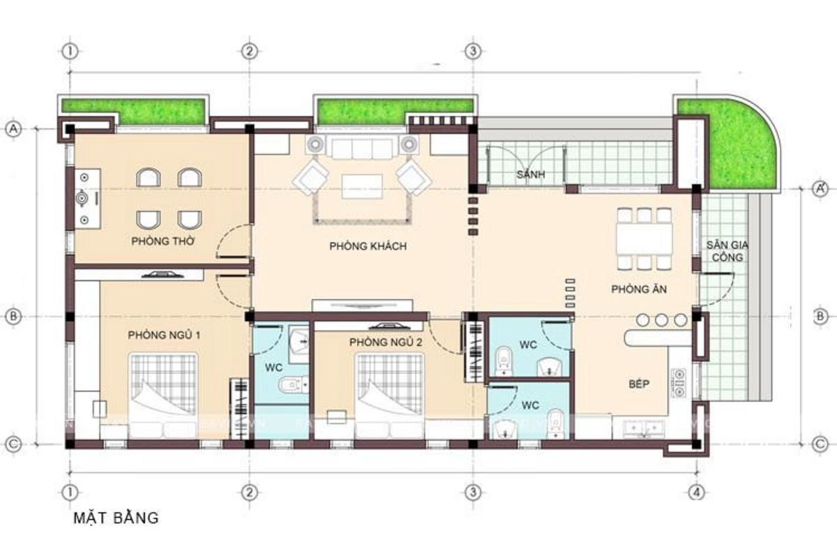 Bản vẽ nhà cấp 4 nông thôn 2 phòng ngủ hợp với gia đình nhỏ 2 thế hệ