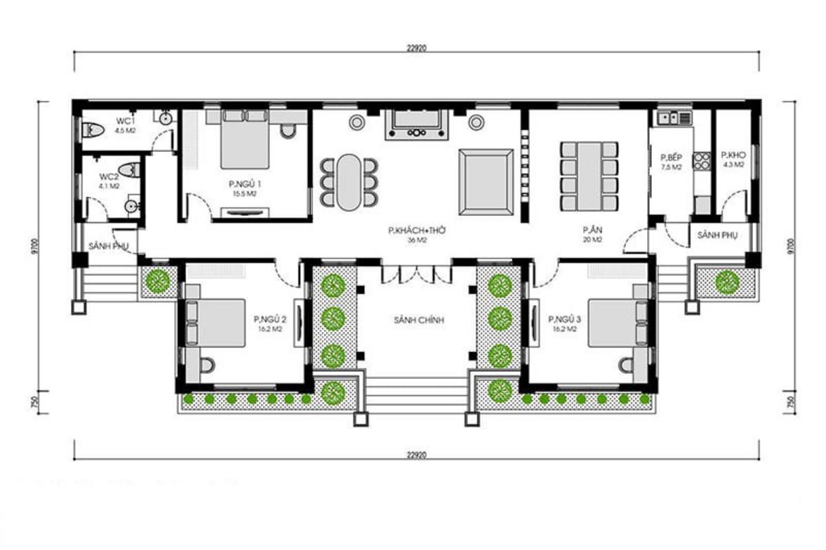 Bản vẽ nhà cấp 4 nông thôn chữ U phù hợp đất rộng rãi ngoại ô
