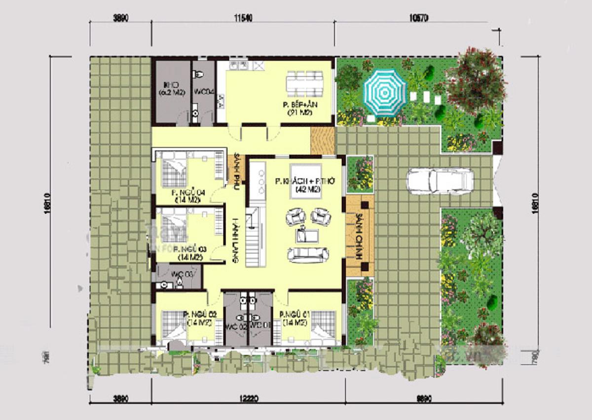 Bản vẽ nhà cấp 4 nông thôn có không gian xanh và sân vườn thoáng