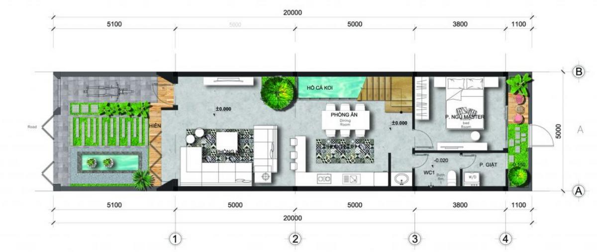 Bản vẽ nhà cấp 4 nông thôn kết hợp tiểu cảnh tạo sự thoải mái