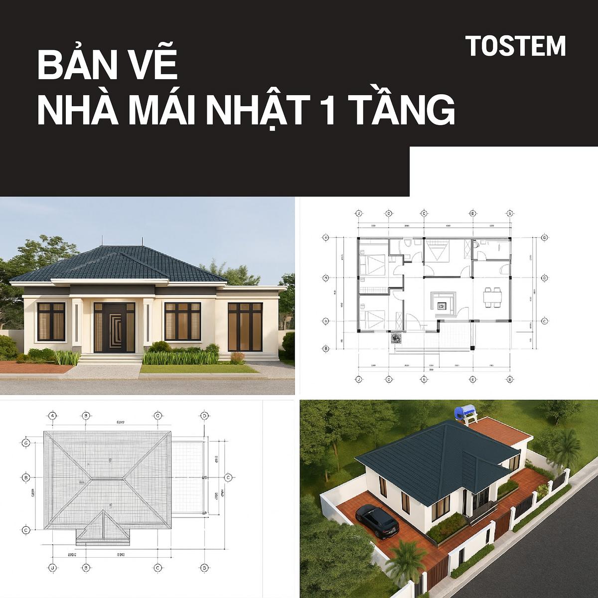 Bản vẽ nhà mái Nhật 1 tầng đẹp, tối ưu công năng và chi phí