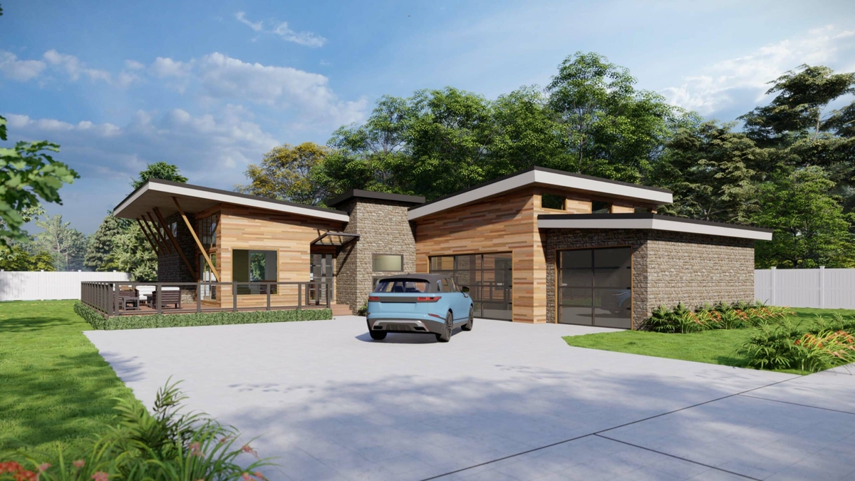 Bố cục chữ L khiến mẫu nhà cấp 4 nông thôn mái lệch có sân trước rộng rãi.