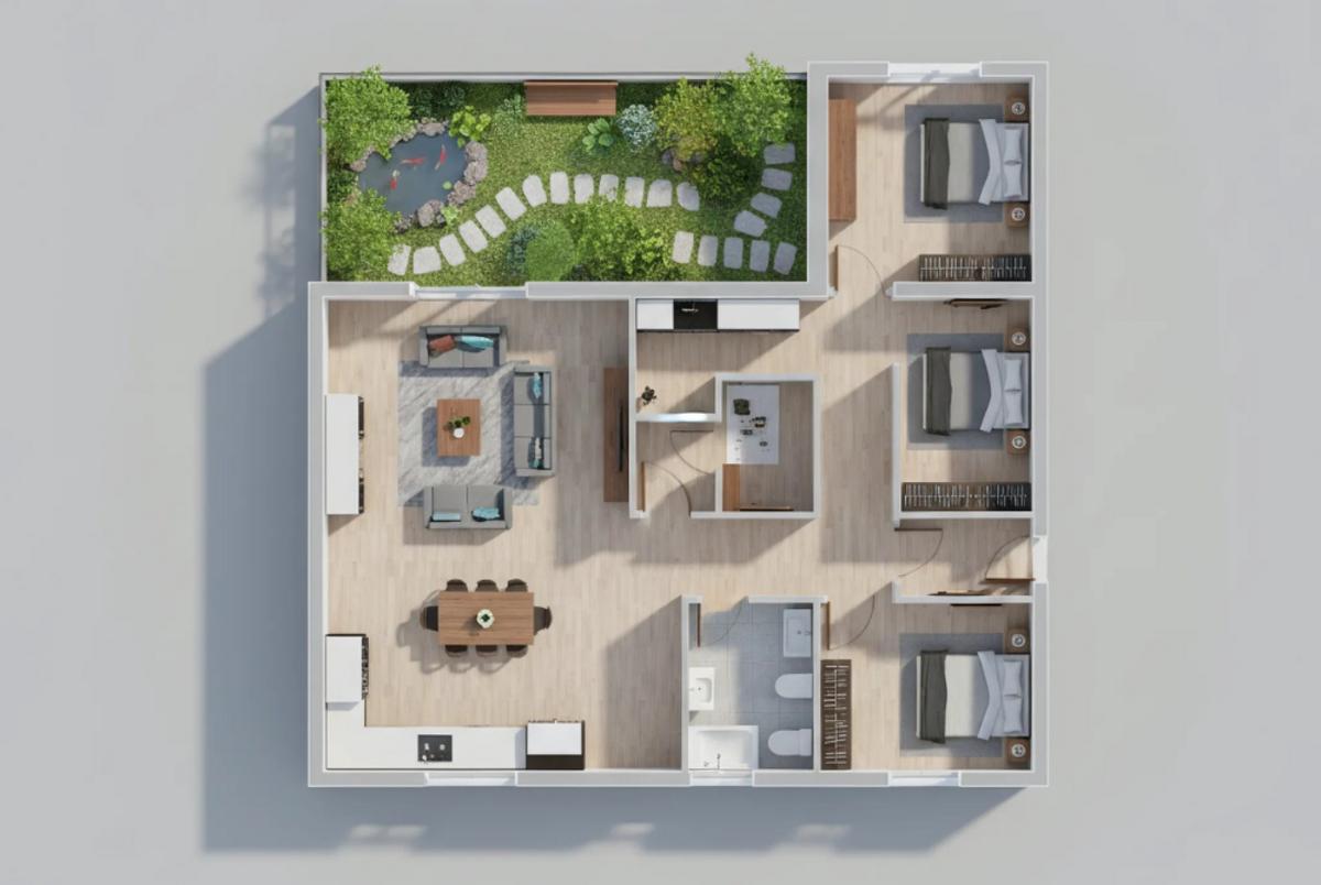 Bố trí công năng chữ L của mẫu nhà cấp 4 100m2 3 phòng ngủ 1 thờ