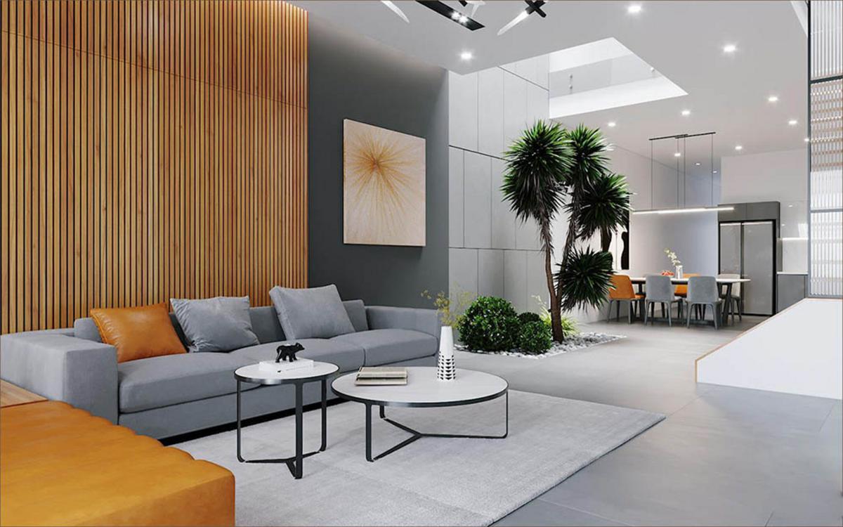 Giếng trời phòng khách hợp nhà hiện đại phong cách thiết kế tối giản.