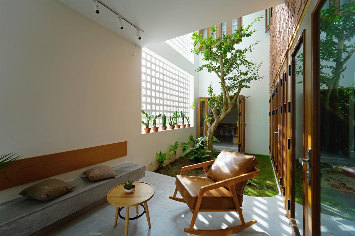 Giếng trời sau nhà hợp nhà sâu dài trong thiết kế tối giản.