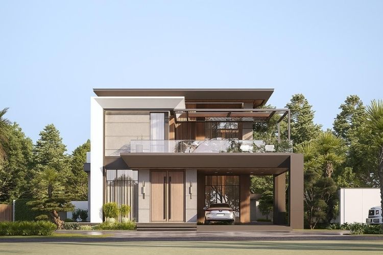 Hiên nhà sử dụng trụ lớn và trần cao tạo nên vẻ bề thế ấn tượng
