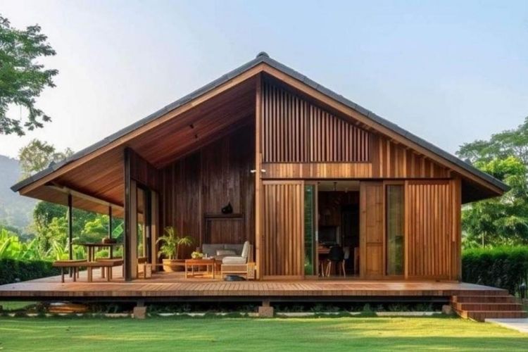 Không gian thư giãn như hoà vào thiên nhiên khi được thiết kế dưới hiên nhà