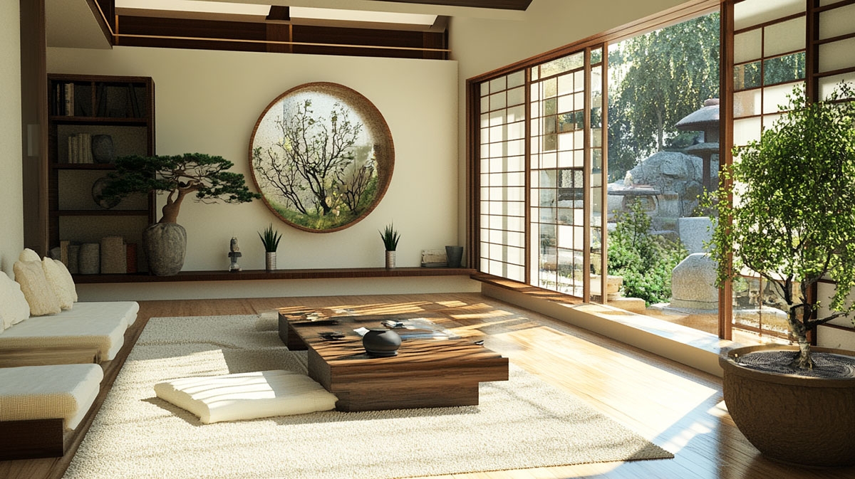 Hình ảnh phòng khách đẹp đậm chất Nhật Bản với gỗ và mây tre tự nhiên